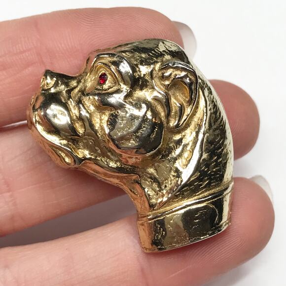 Vintage Staffordshire Bull Terrier Dog Head Brooch Large Oversized Gold Tone